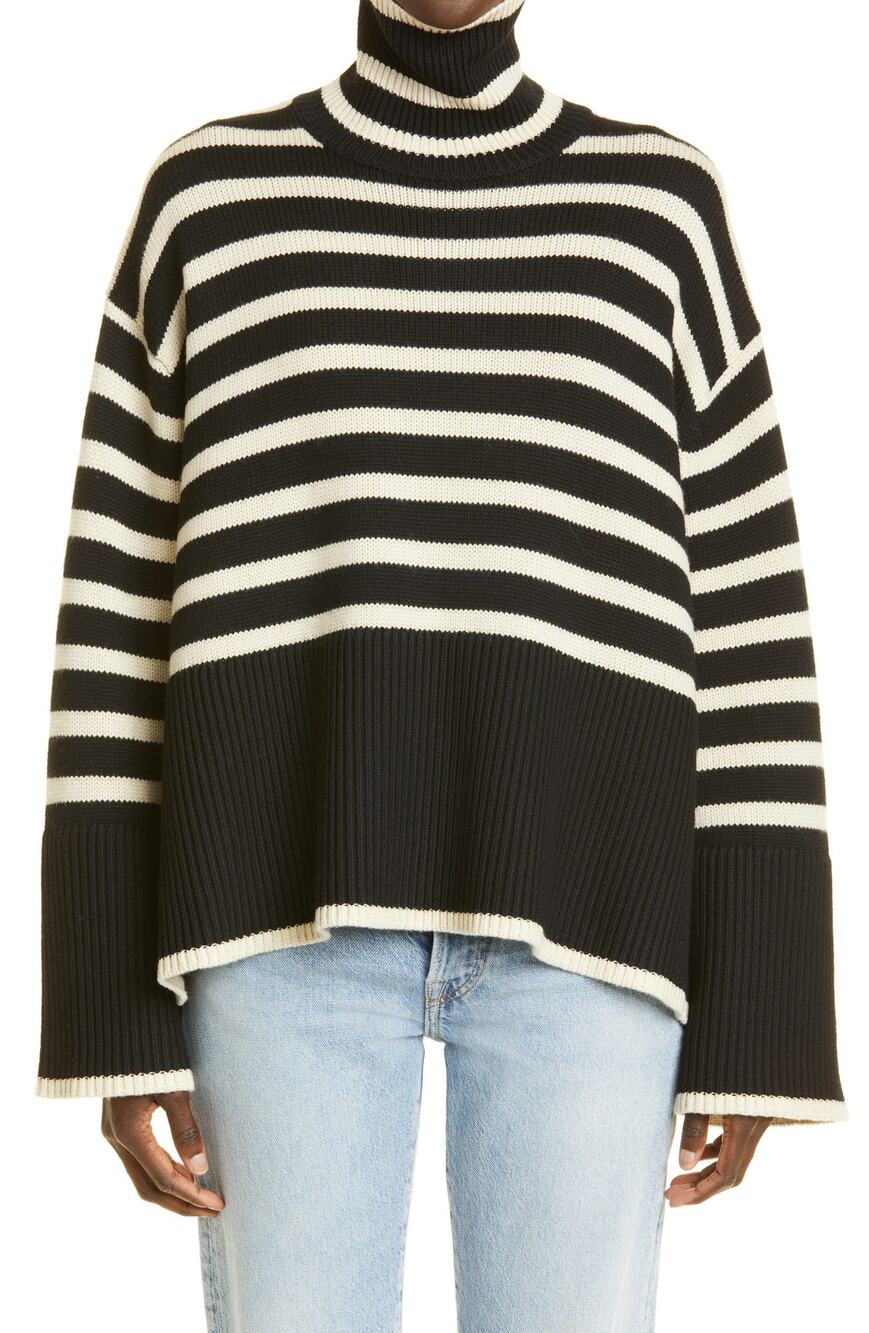 Toteme Stripe Wool Blend Turtleneck Sweater - L Black Stripe